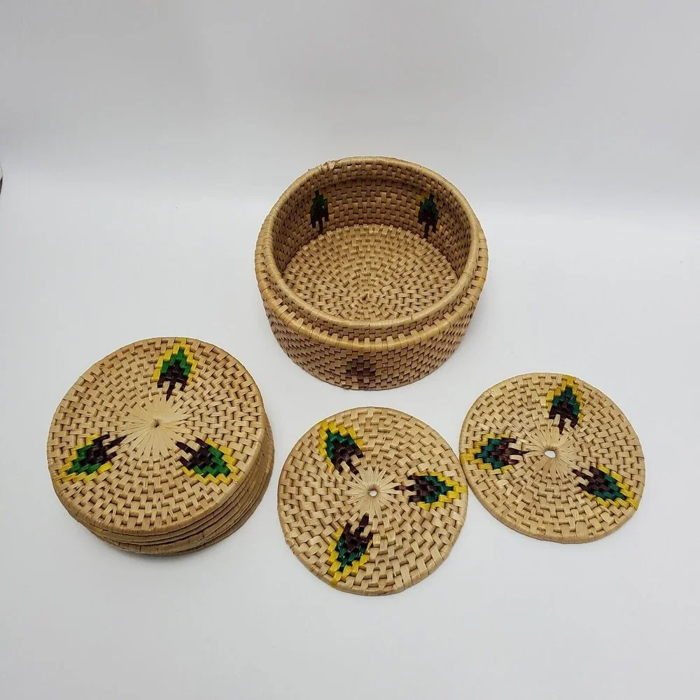 10 Woven Vintage Raffia Trivets Hot Plate Pads With Storage Container Boho